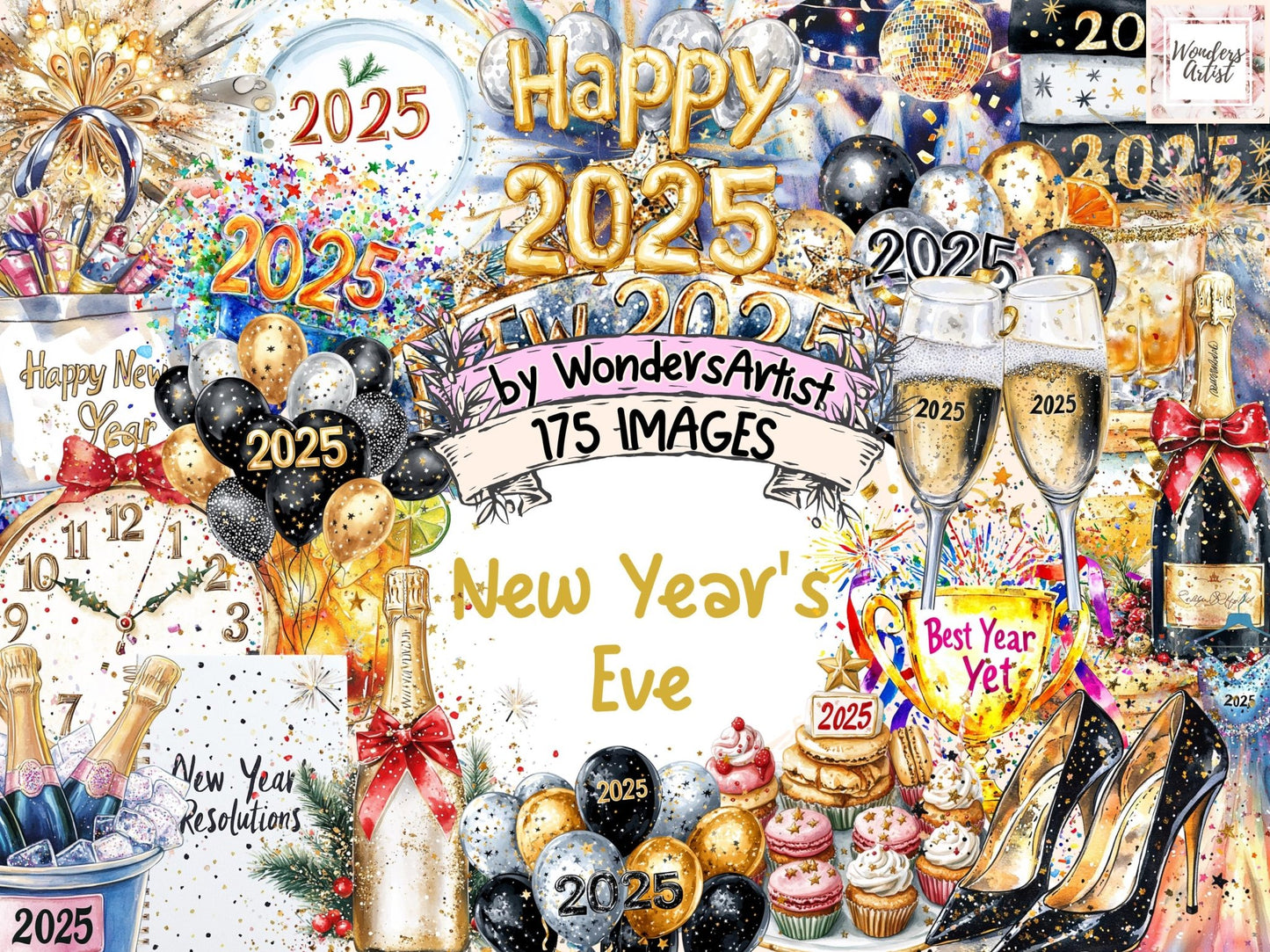 New Year's Eve Watercolor Clipart Bundle - High - Quality Instant Digital Download for Creative Projects