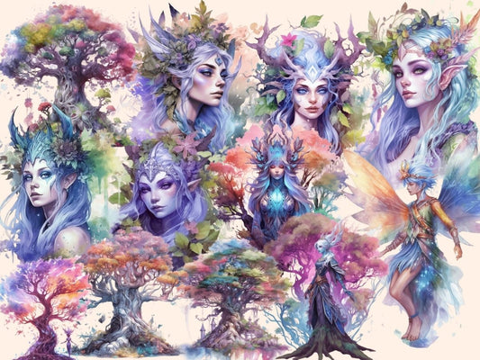 Clipart cu Fețe din Pădurea Întunecată în Acuarelă