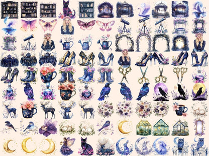 Night Garden Watercolor Clipart dark clipart dark floral clipart fantasy clipart - WondersArtist