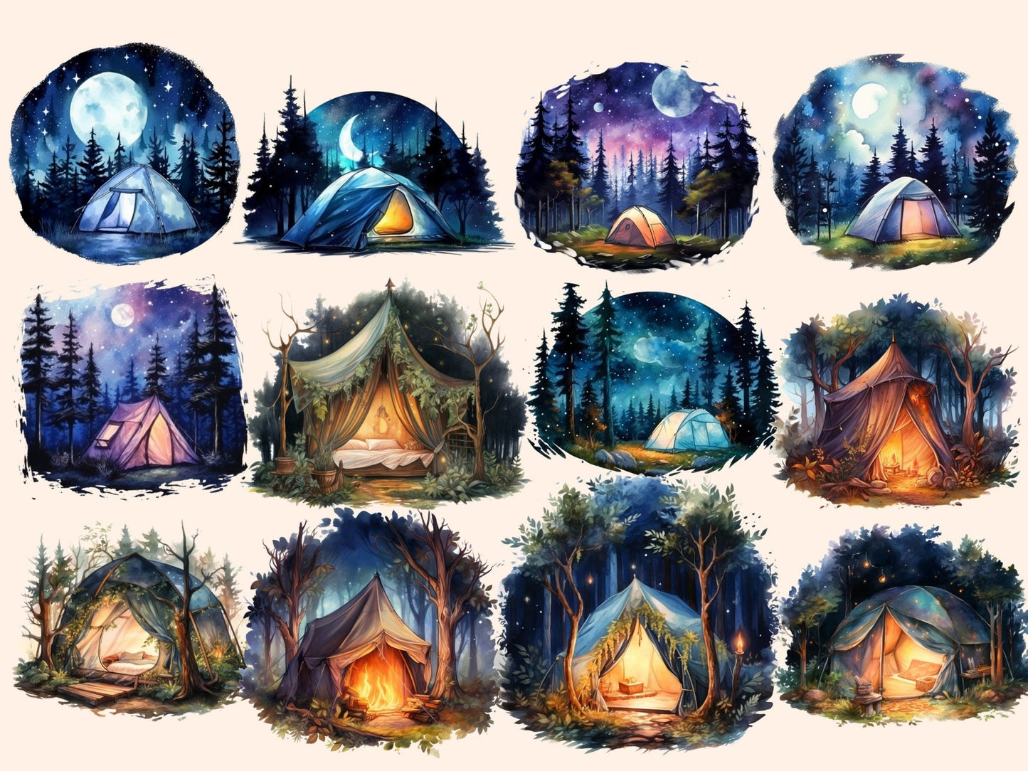 Night Tents Watercolor Clipart - High - Quality Instant Digital Download for Creative Projects