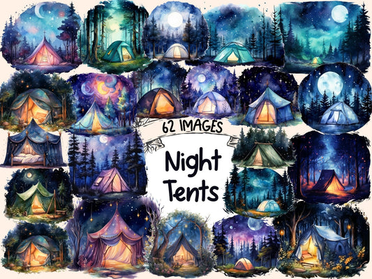 Night Tents Watercolor Clipart - High - Quality Instant Digital Download for Creative Projects