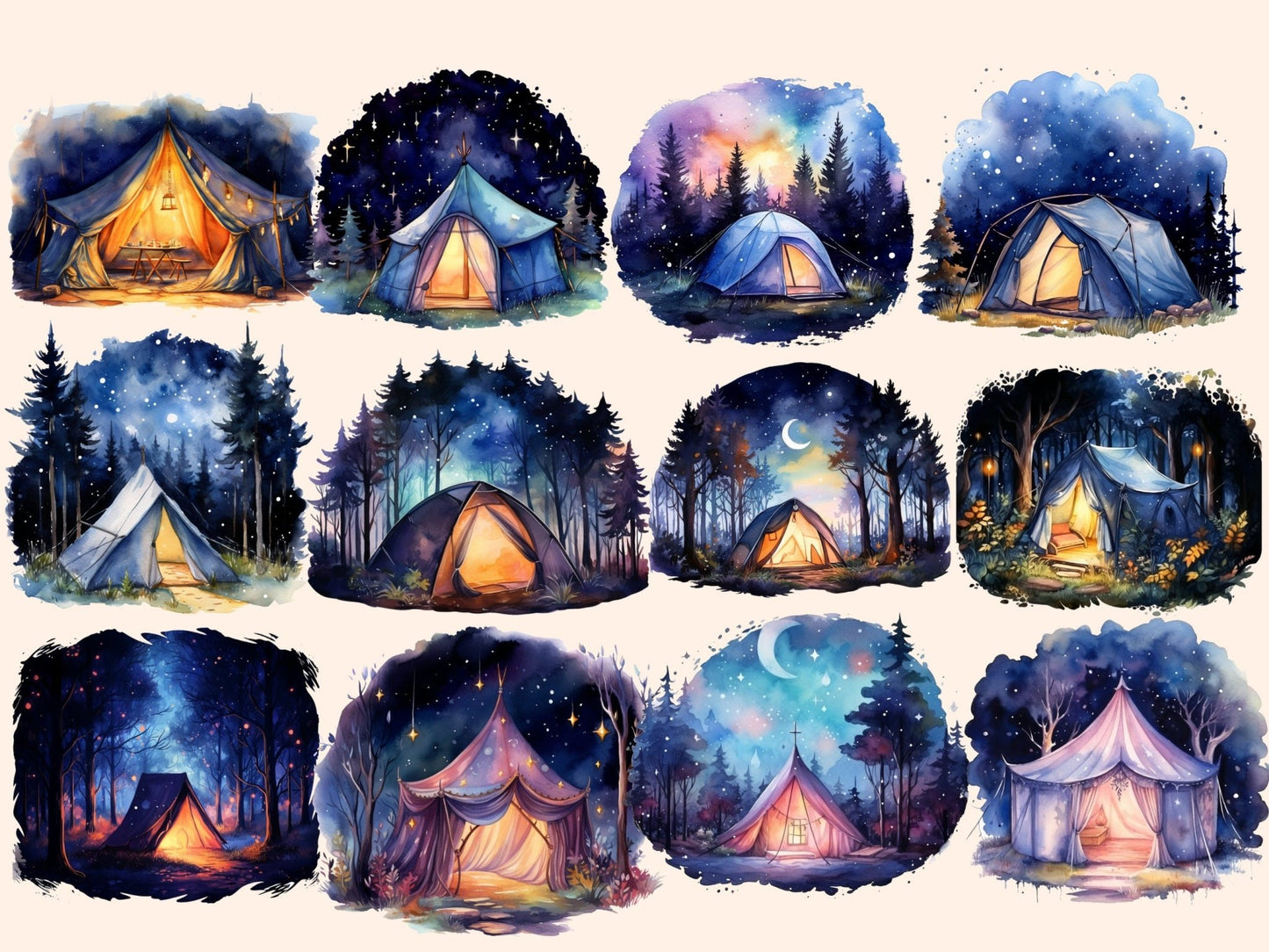 Night Tents Watercolor Clipart - High - Quality Instant Digital Download for Creative Projects