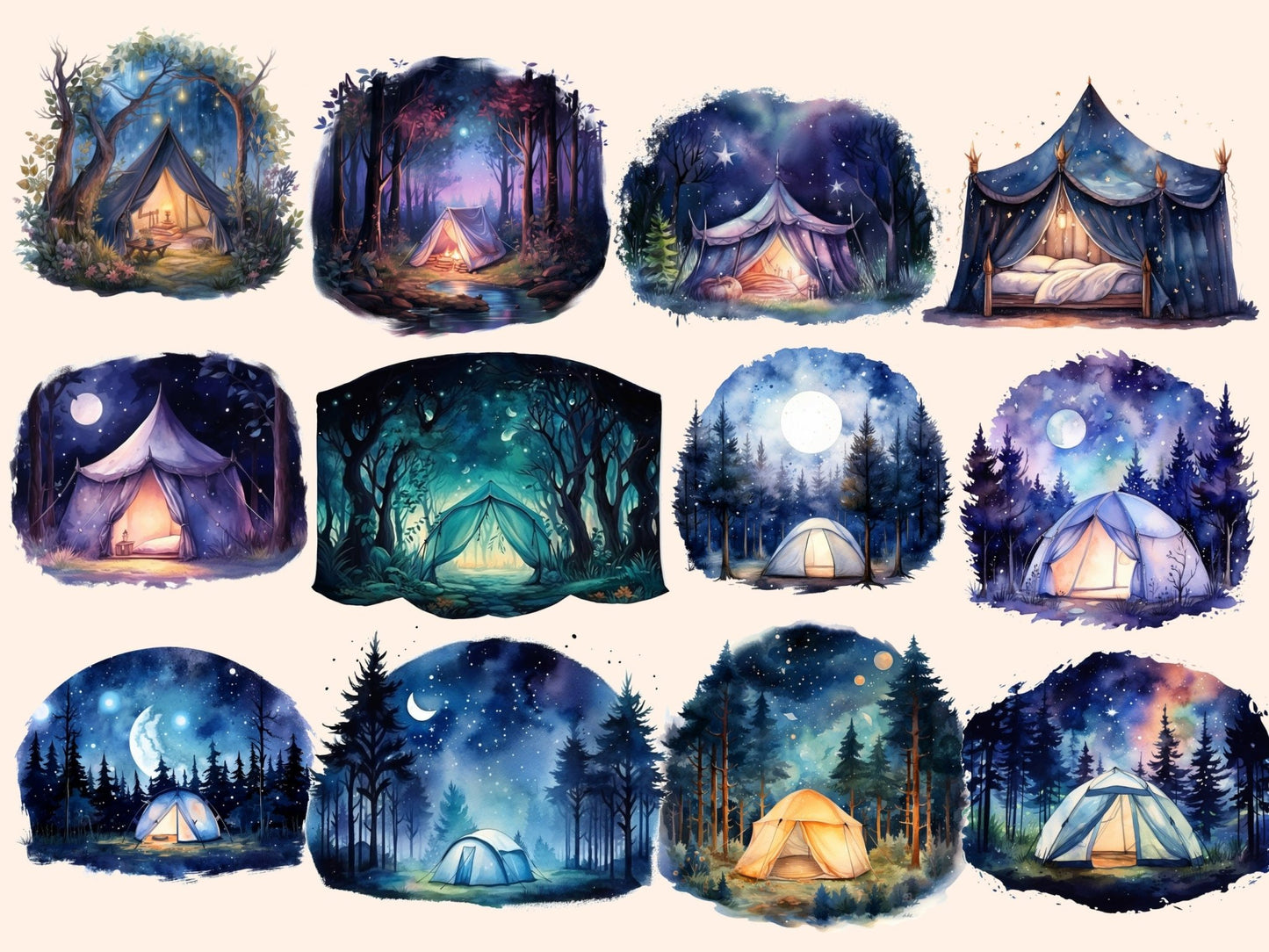 Night Tents Watercolor Clipart - High - Quality Instant Digital Download for Creative Projects