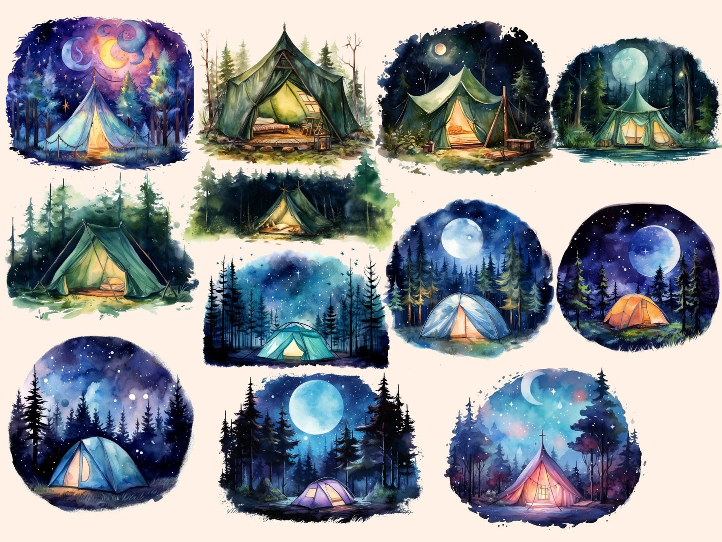 Night Tents Watercolor Clipart - High - Quality Instant Digital Download for Creative Projects