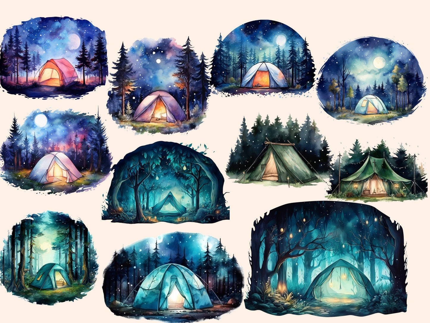 Night Tents Watercolor Clipart - High - Quality Instant Digital Download for Creative Projects