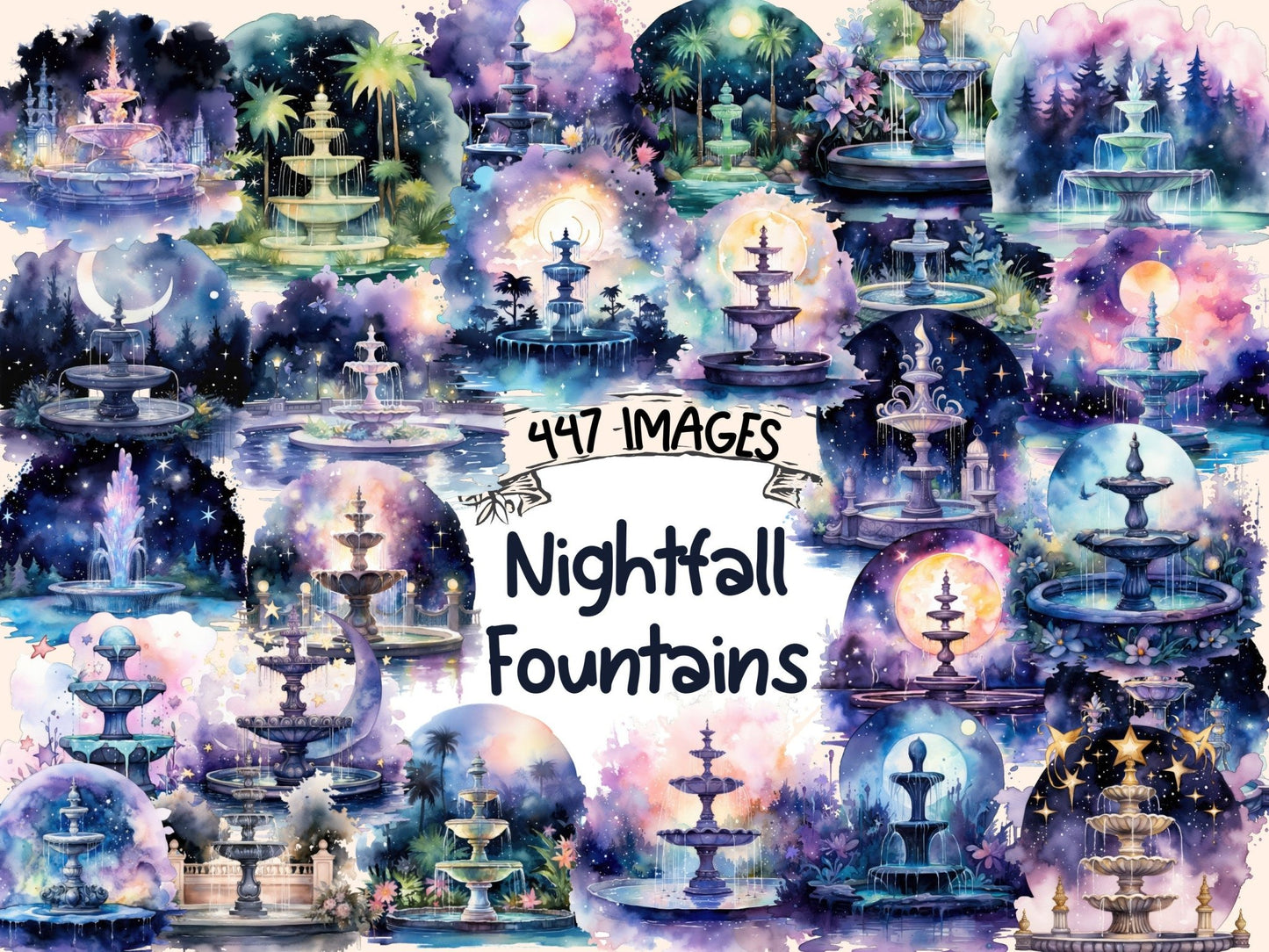 Nightfall Fountains Watercolor Clipart - High - Quality Instant Digital Download for Creative Projects