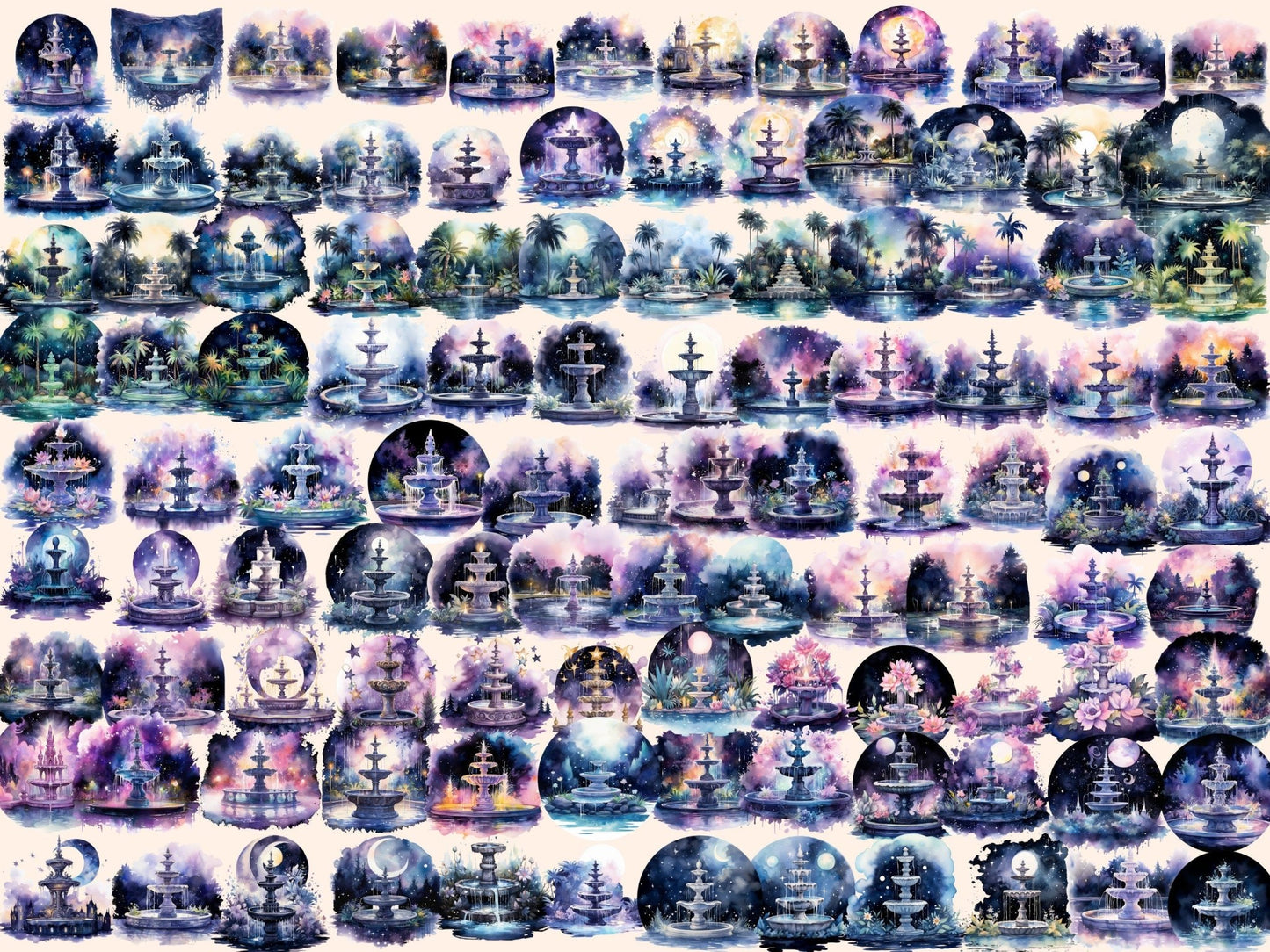 Nightfall Fountains Watercolor Clipart - High - Quality Instant Digital Download for Creative Projects