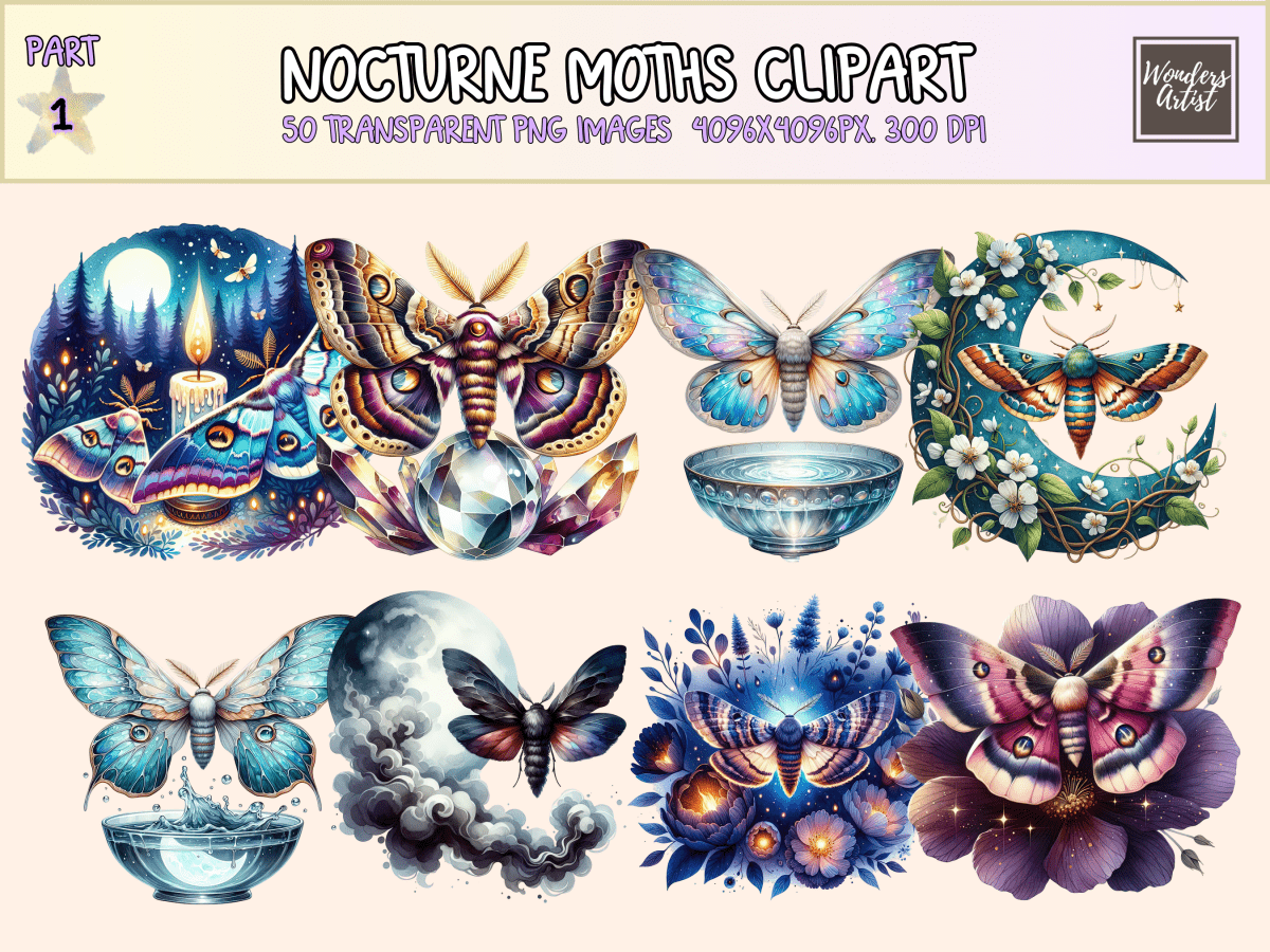 Nocturne Moths Clipart All Bundles Clipart Line Art - WondersArtist