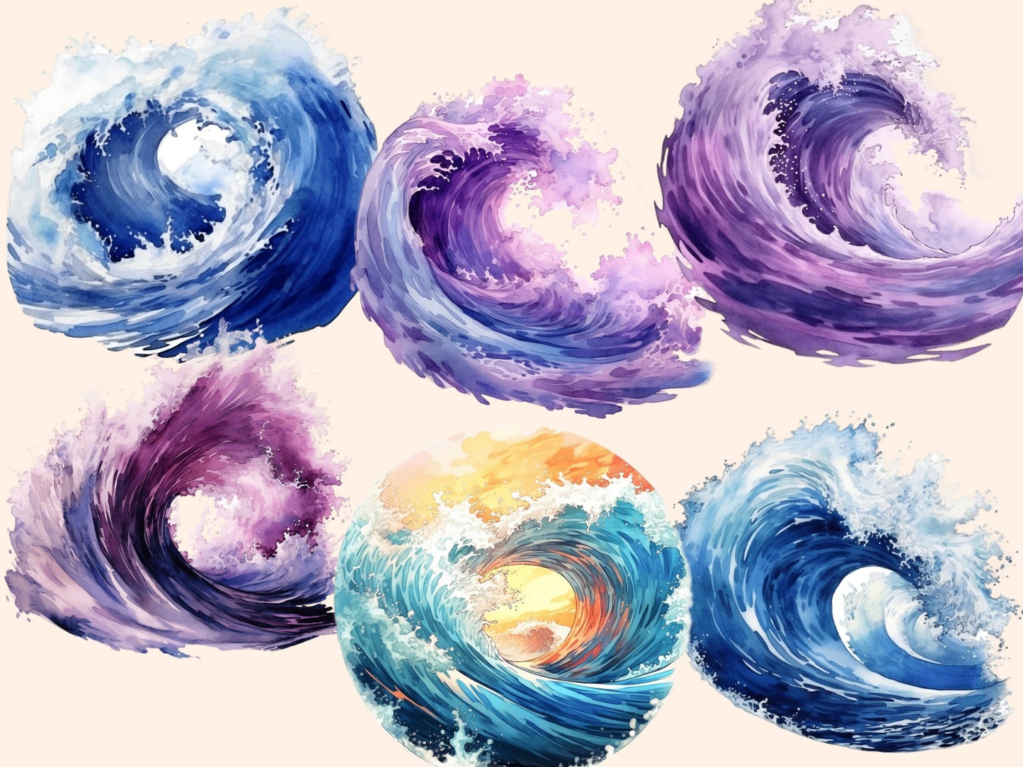 Ocean Waves Watercolor Clipart - High - Quality Instant Digital Download for Creative Projects