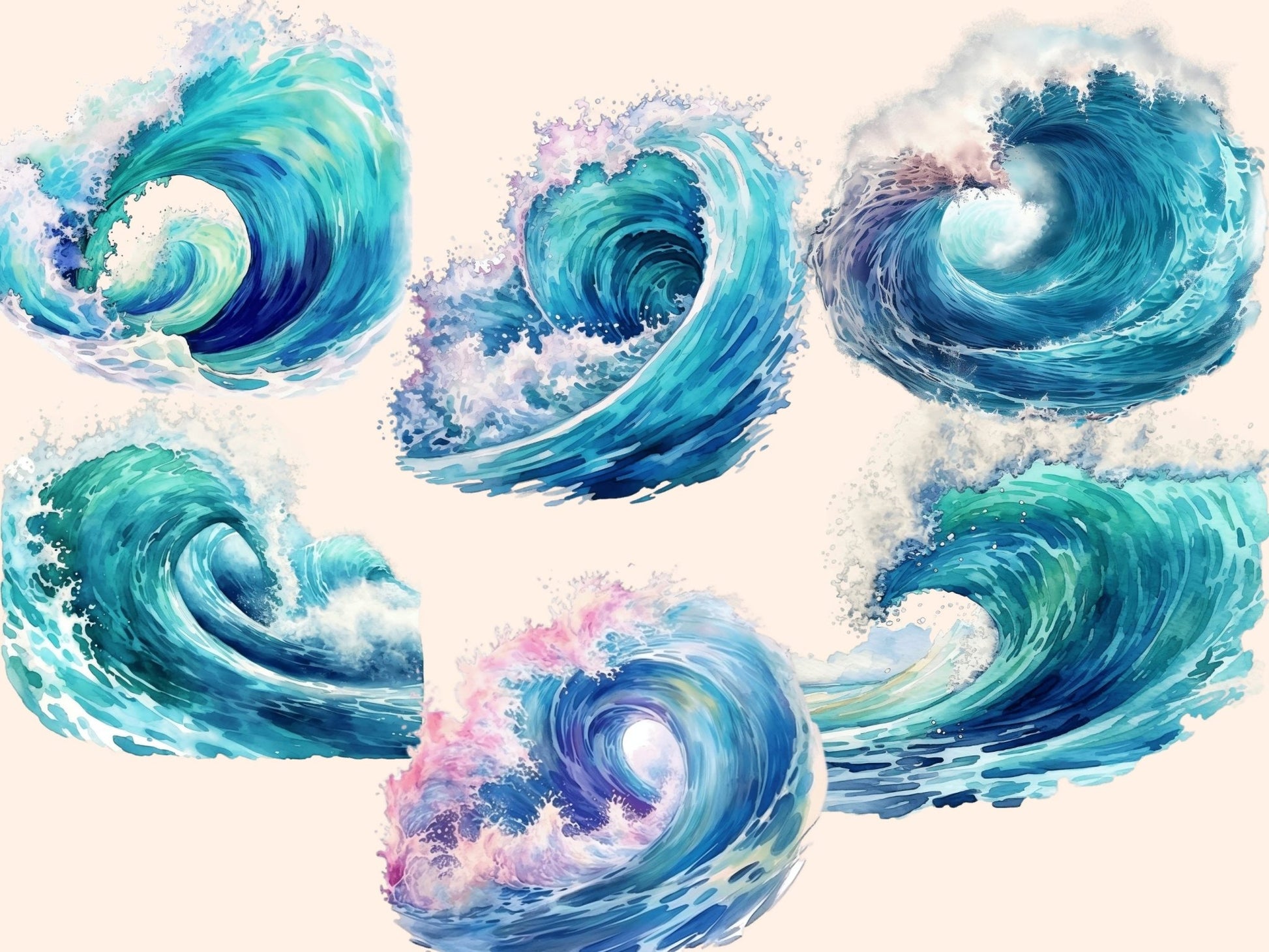 Ocean Waves Watercolor Clipart - High - Quality Instant Digital Download for Creative Projects