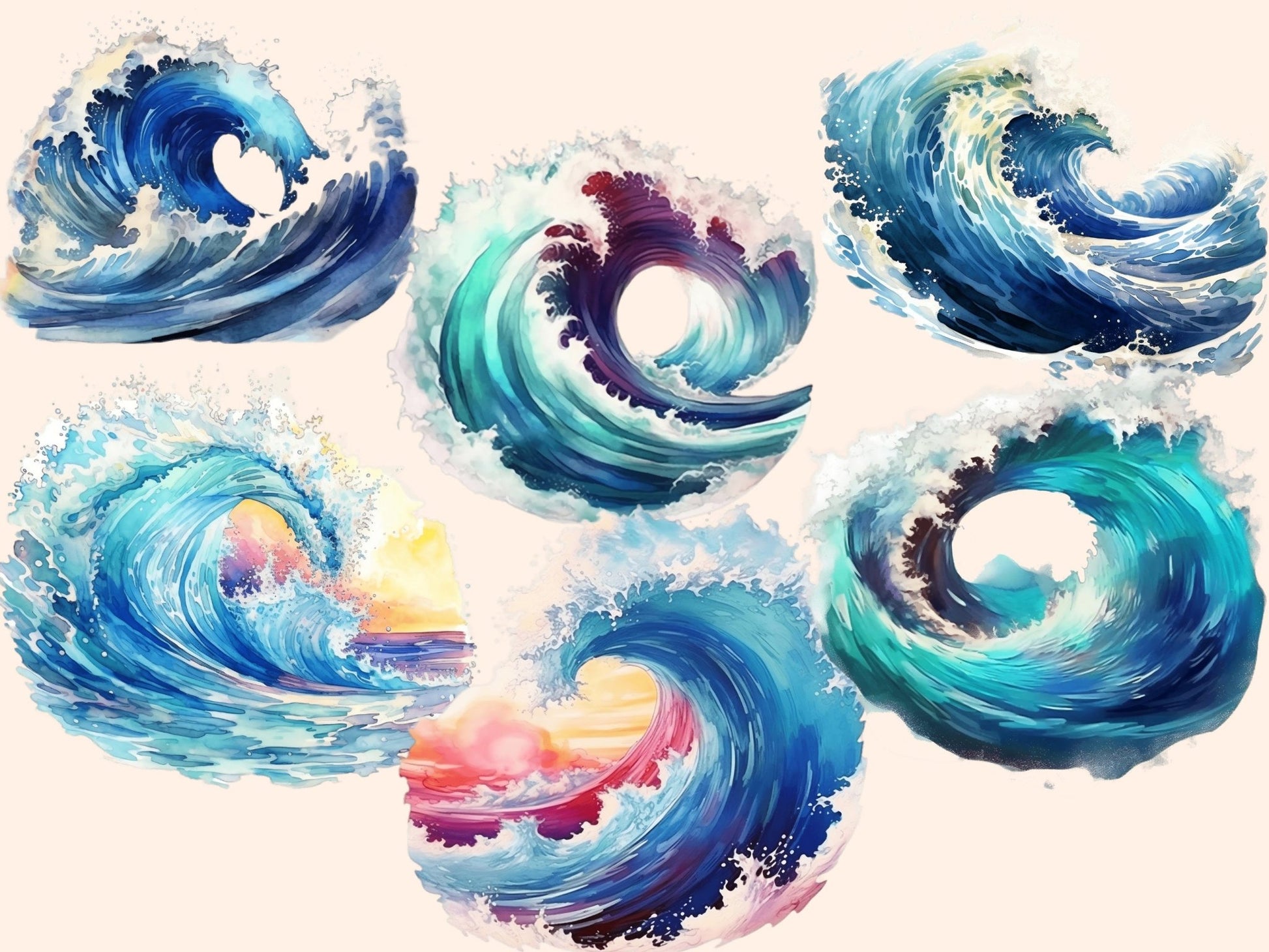 Ocean Waves Watercolor Clipart - High - Quality Instant Digital Download for Creative Projects