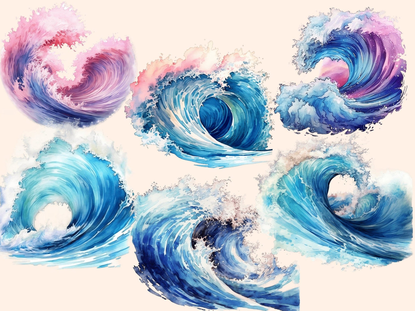 Ocean Waves Watercolor Clipart - High - Quality Instant Digital Download for Creative Projects