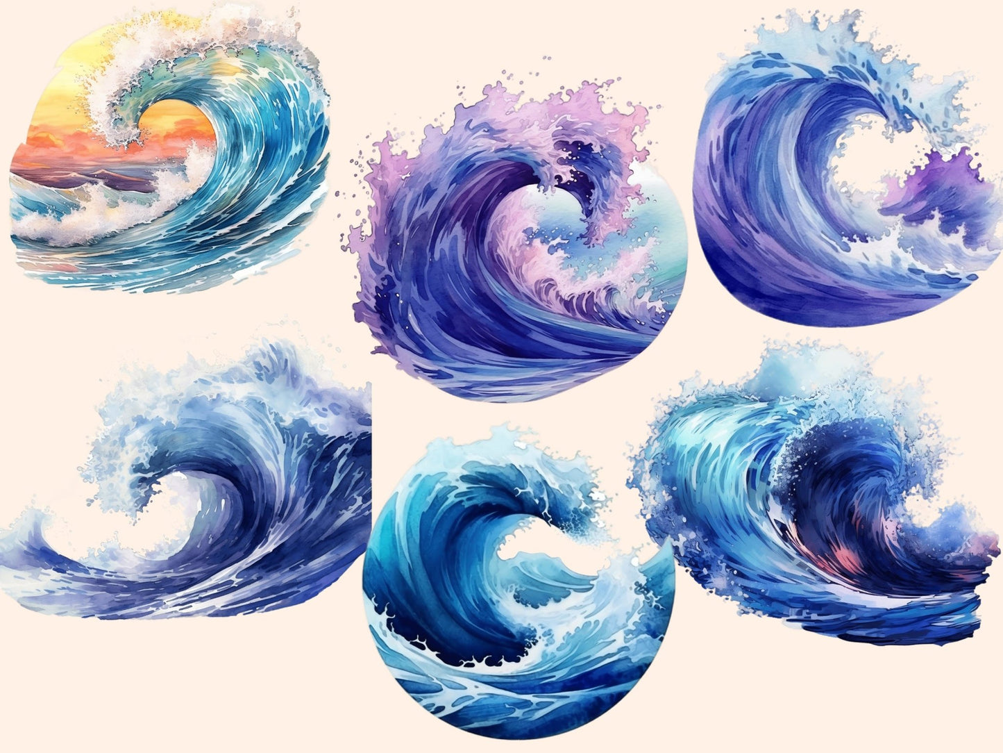 Ocean Waves Watercolor Clipart - High - Quality Instant Digital Download for Creative Projects