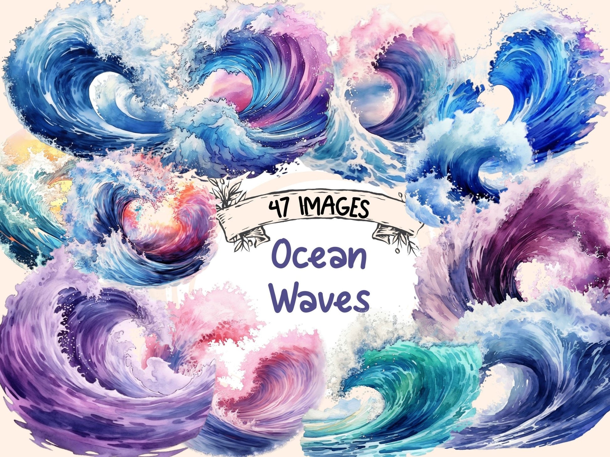 Ocean Waves Watercolor Clipart - High - Quality Instant Digital Download for Creative Projects