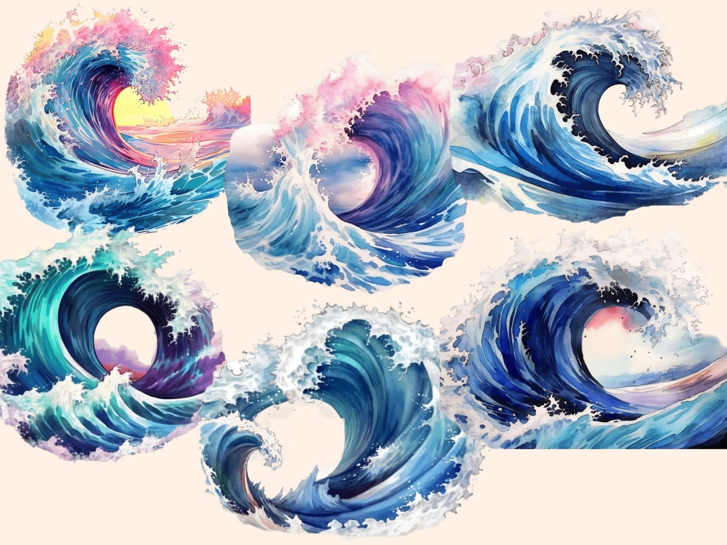 Ocean Waves Watercolor Clipart - High - Quality Instant Digital Download for Creative Projects