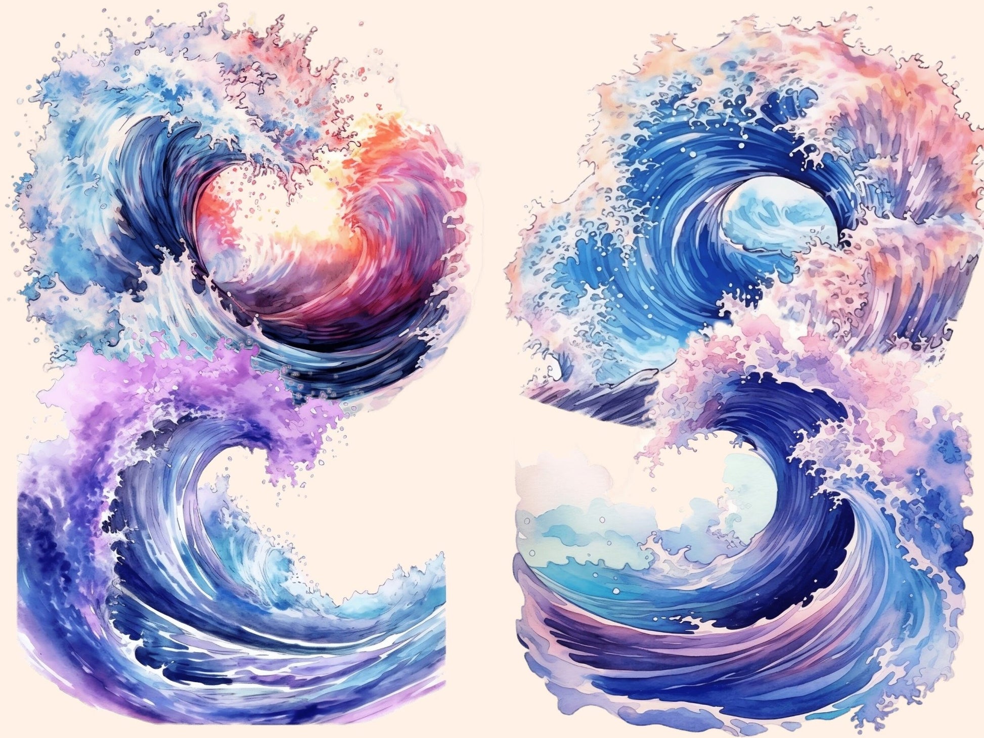 Ocean Waves Watercolor Clipart - High - Quality Instant Digital Download for Creative Projects