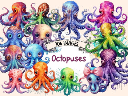 Octopuses Watercolor Clipart baby octopus clipart - Wonders Artist