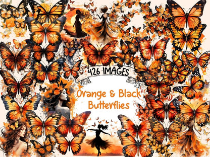 Orange & Black Butterflies Watercolor Clipart black butterfly png - Wonders Artist
