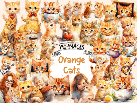 Orange Cats Watercolor Clipart - High - Quality Instant Digital Download for Creative Projects