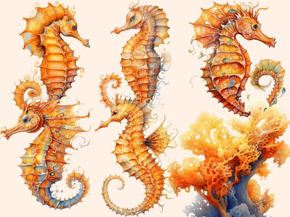 Orange Seahorses Watercolor Clipart nautical nursery - Wonders Artist