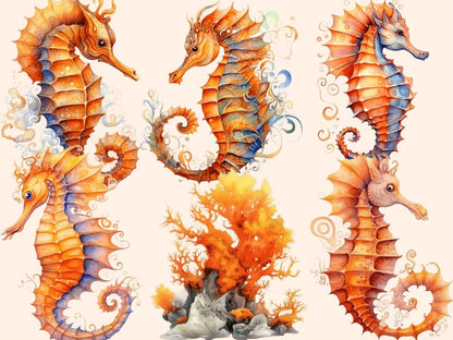 Orange Seahorses Watercolor Clipart nautical nursery - Wonders Artist