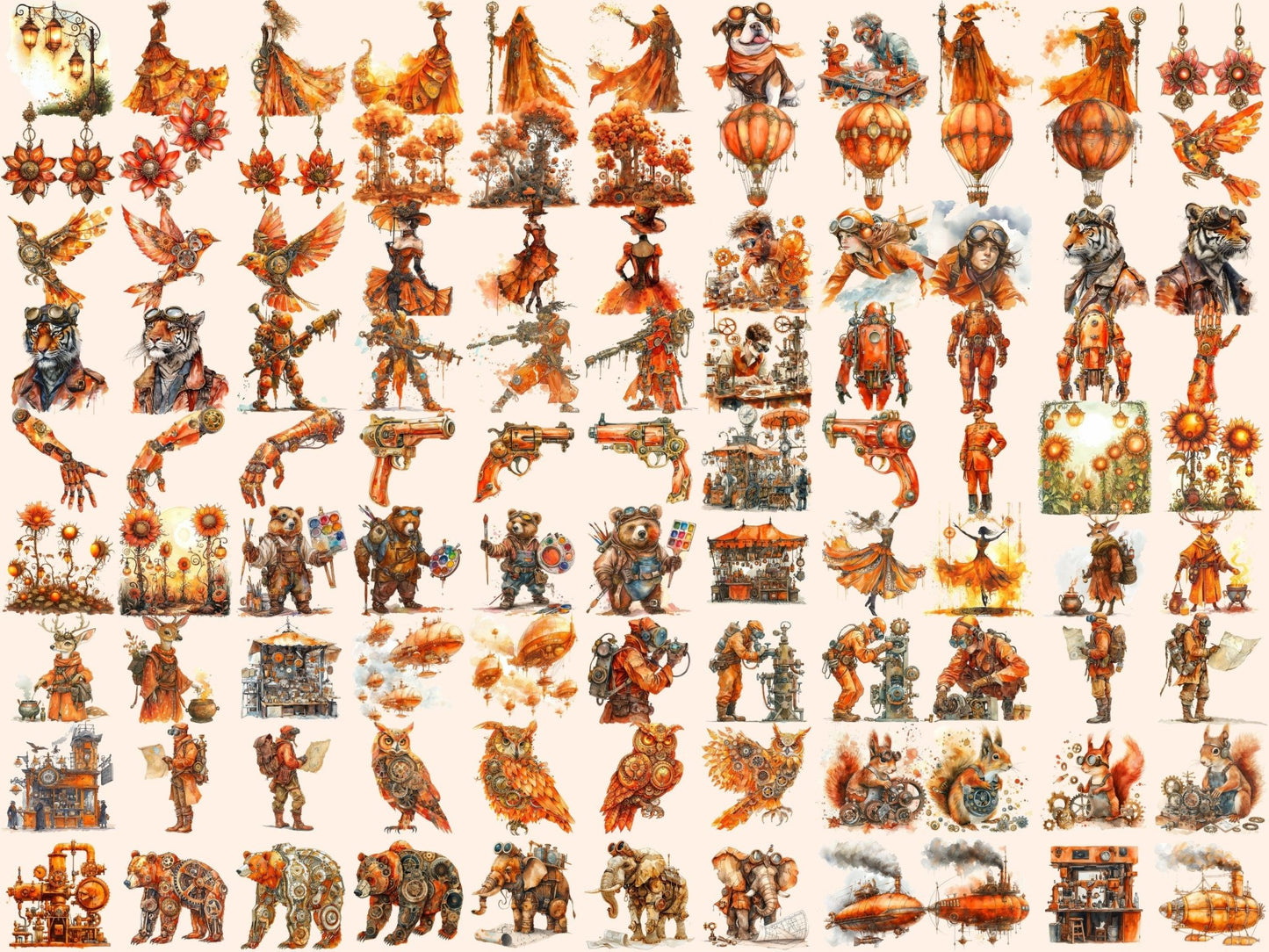 Orange Steampunk Watercolor Clipart - High - Quality Instant Digital Download for Creative Projects