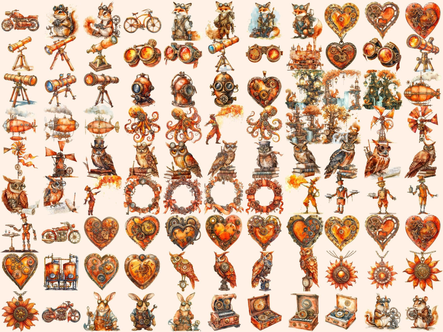 Orange Steampunk Watercolor Clipart - High - Quality Instant Digital Download for Creative Projects