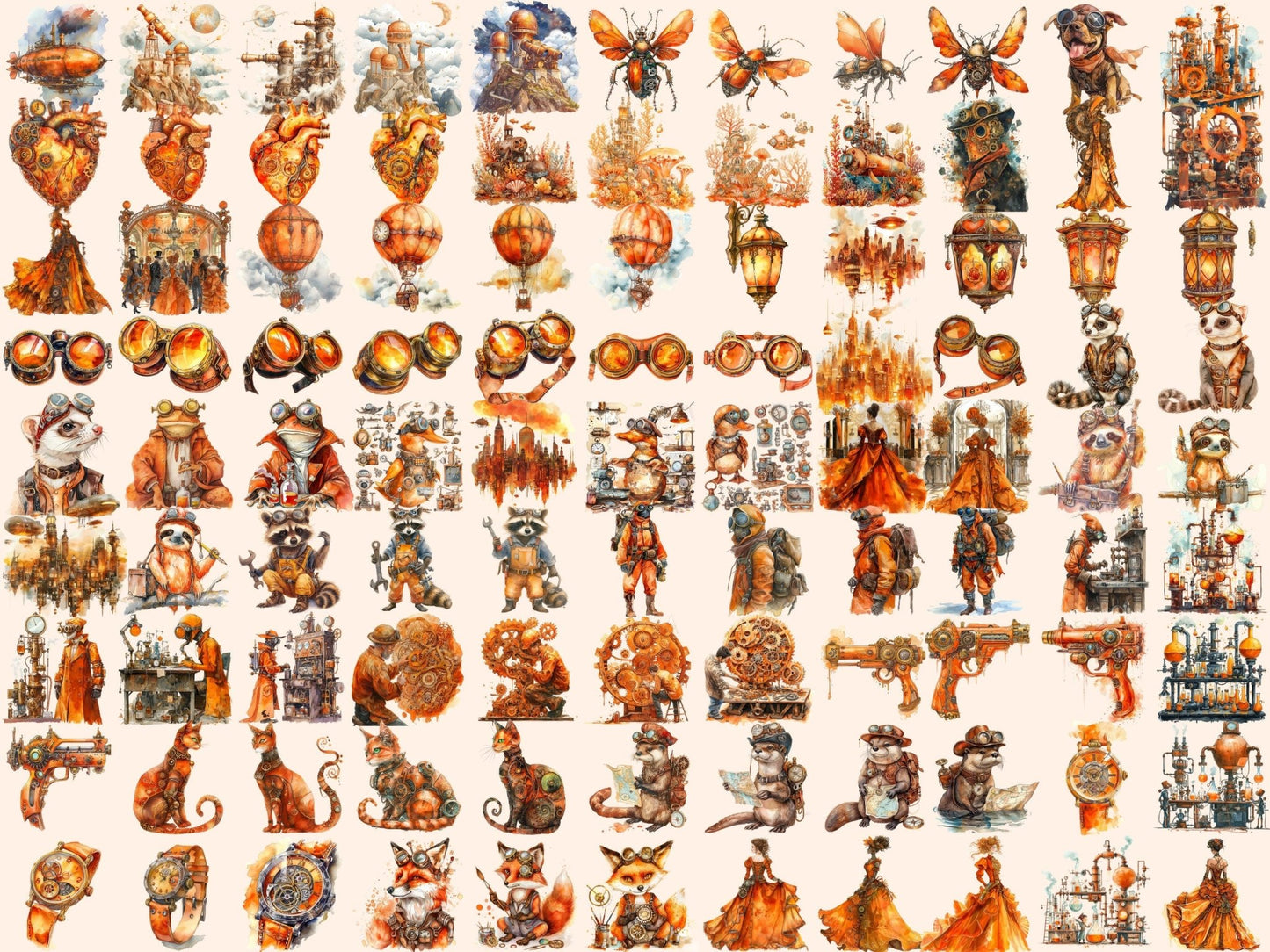 Orange Steampunk Watercolor Clipart - High - Quality Instant Digital Download for Creative Projects