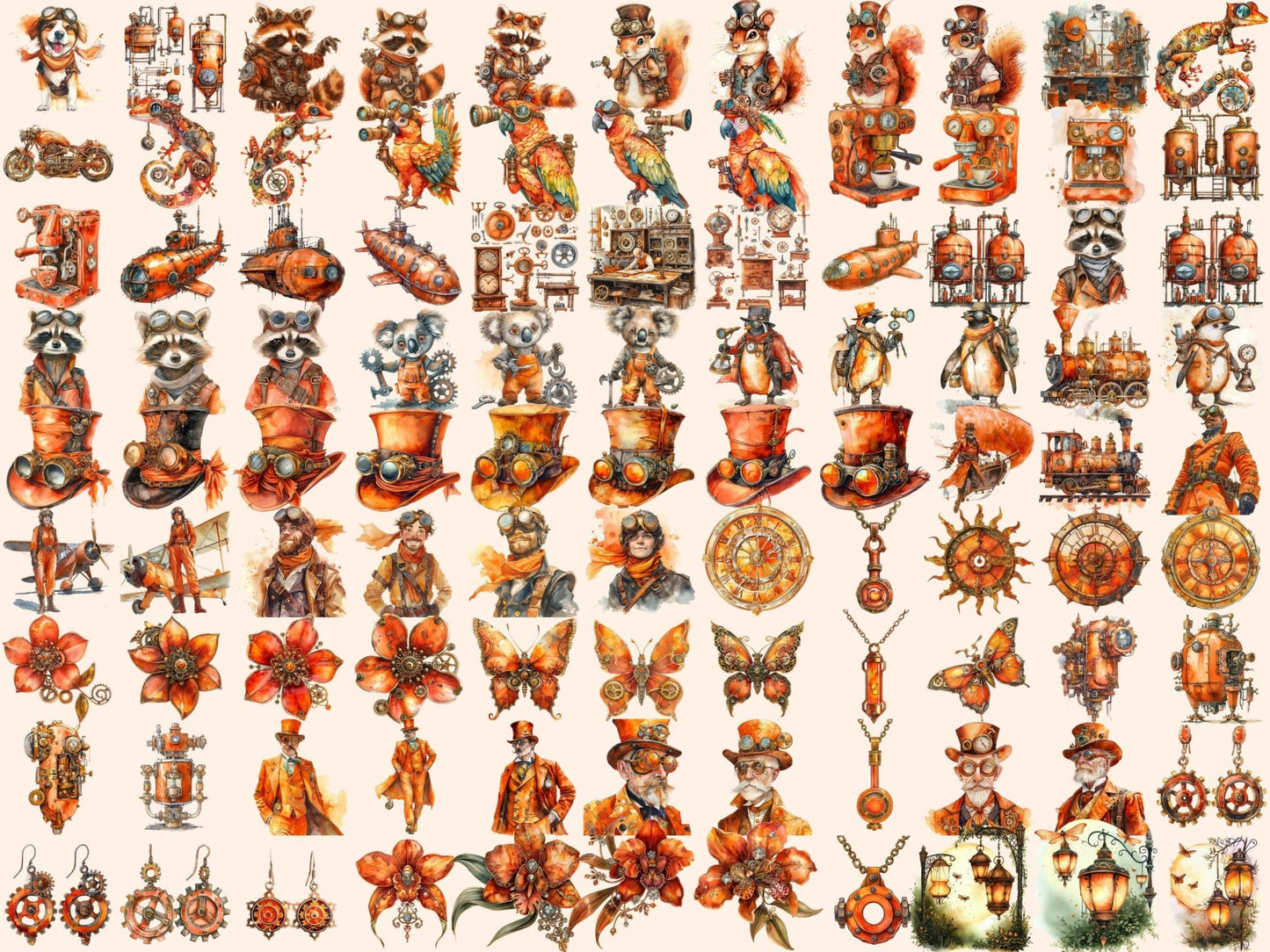 Orange Steampunk Watercolor Clipart - High - Quality Instant Digital Download for Creative Projects