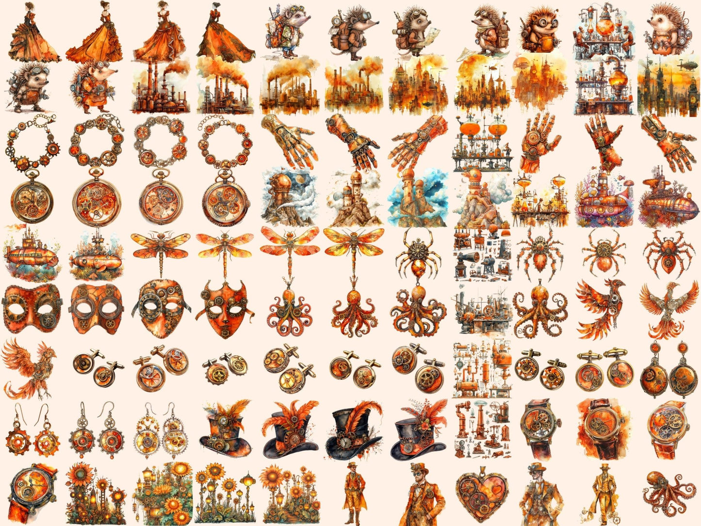 Orange Steampunk Watercolor Clipart - High - Quality Instant Digital Download for Creative Projects