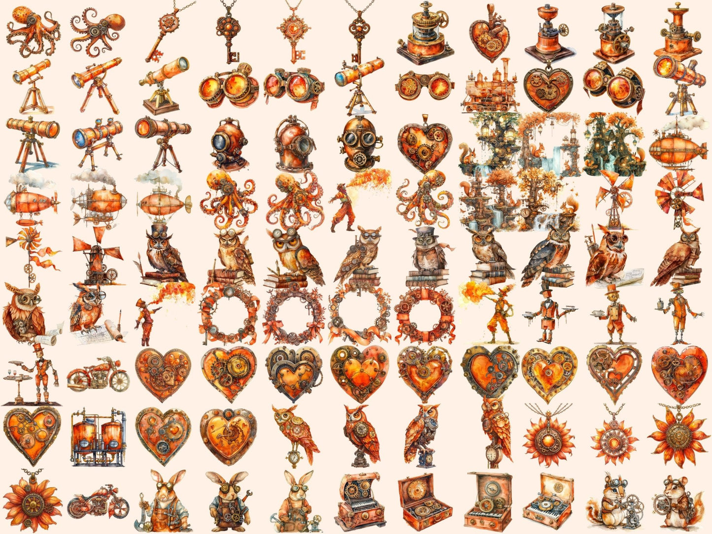 Orange Steampunk Watercolor Clipart - High - Quality Instant Digital Download for Creative Projects