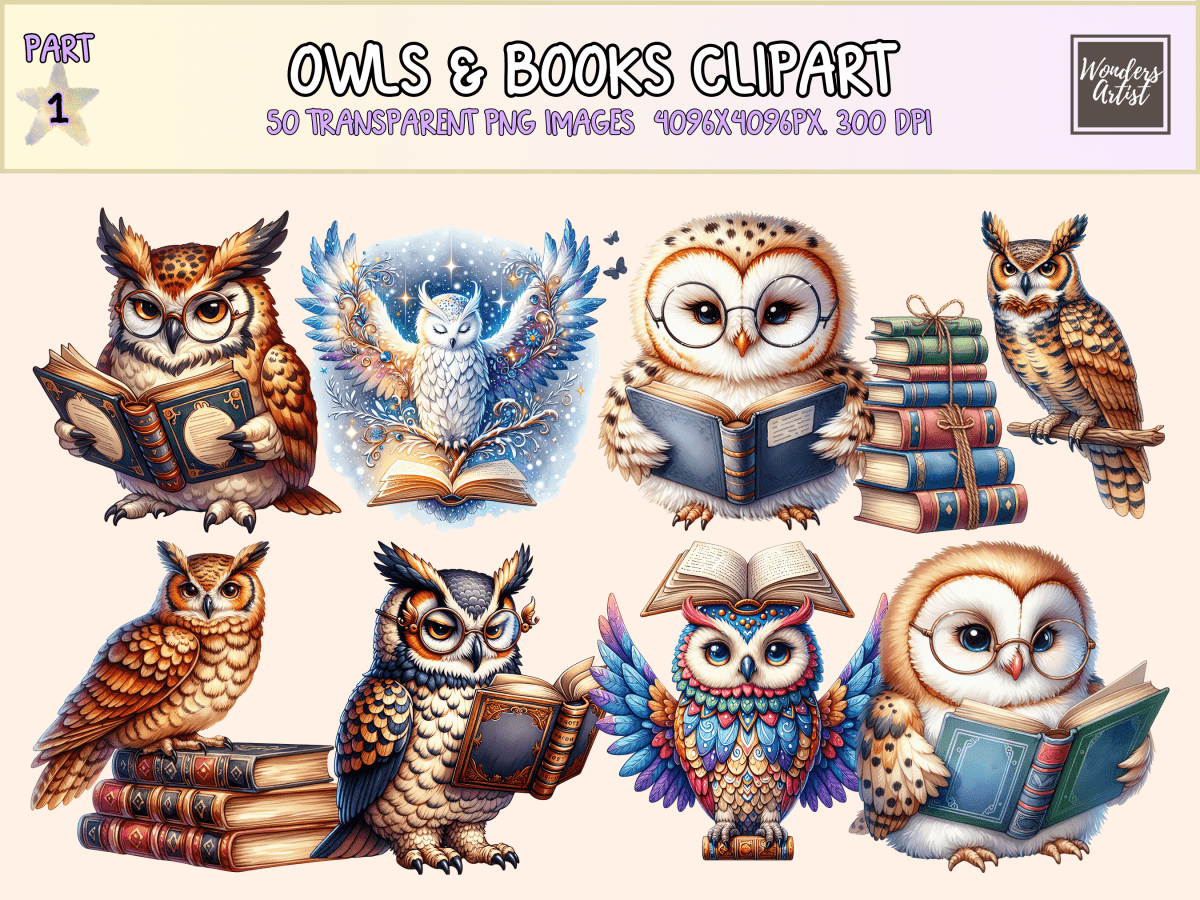 Owls & Books Clipart All Bundles Clipart Line Art - WondersArtist