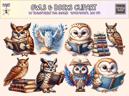Owls & Books Clipart All Bundles Clipart Line Art - WondersArtist