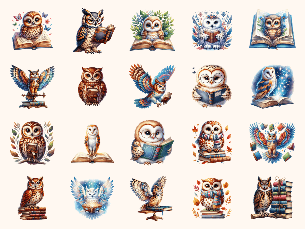 Owls & Books Clipart All Bundles Clipart Line Art - WondersArtist