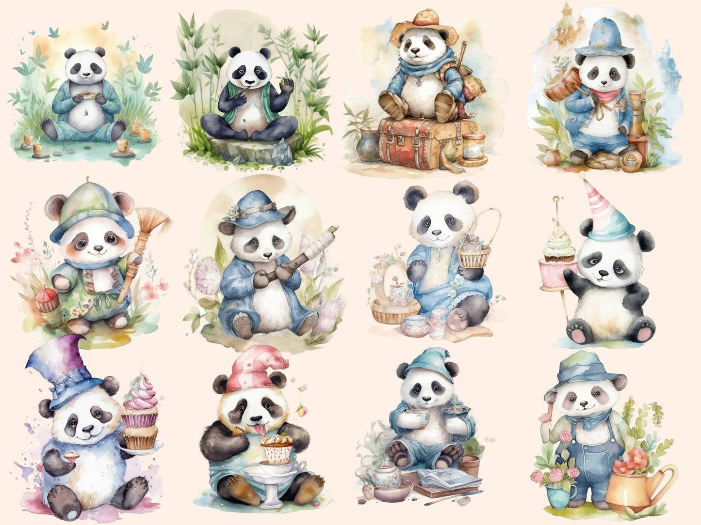 Panda Cuties Watercolor Clipart - High - Quality Instant Digital Download for Creative Projects