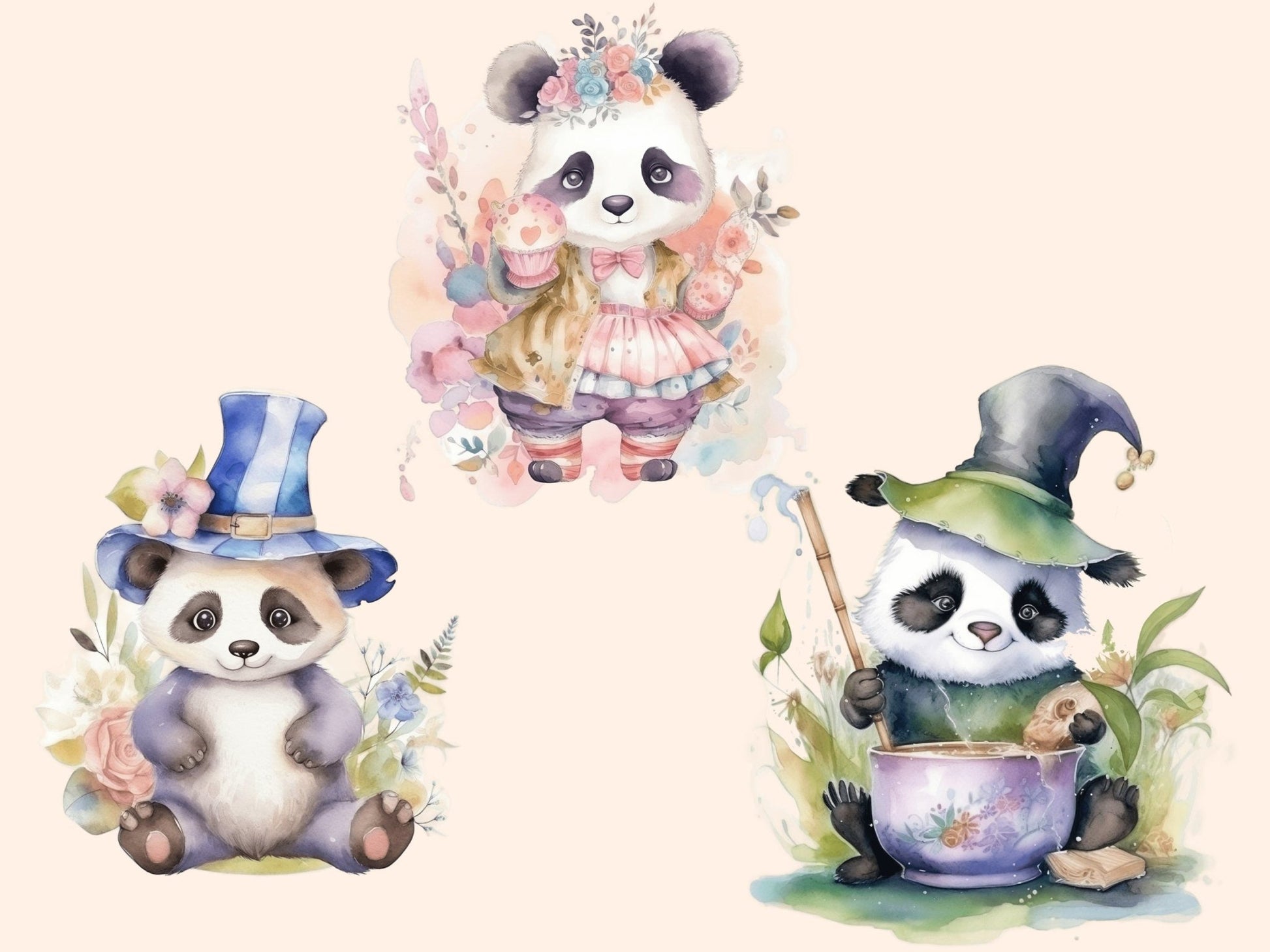 Panda Cuties Watercolor Clipart - High - Quality Instant Digital Download for Creative Projects