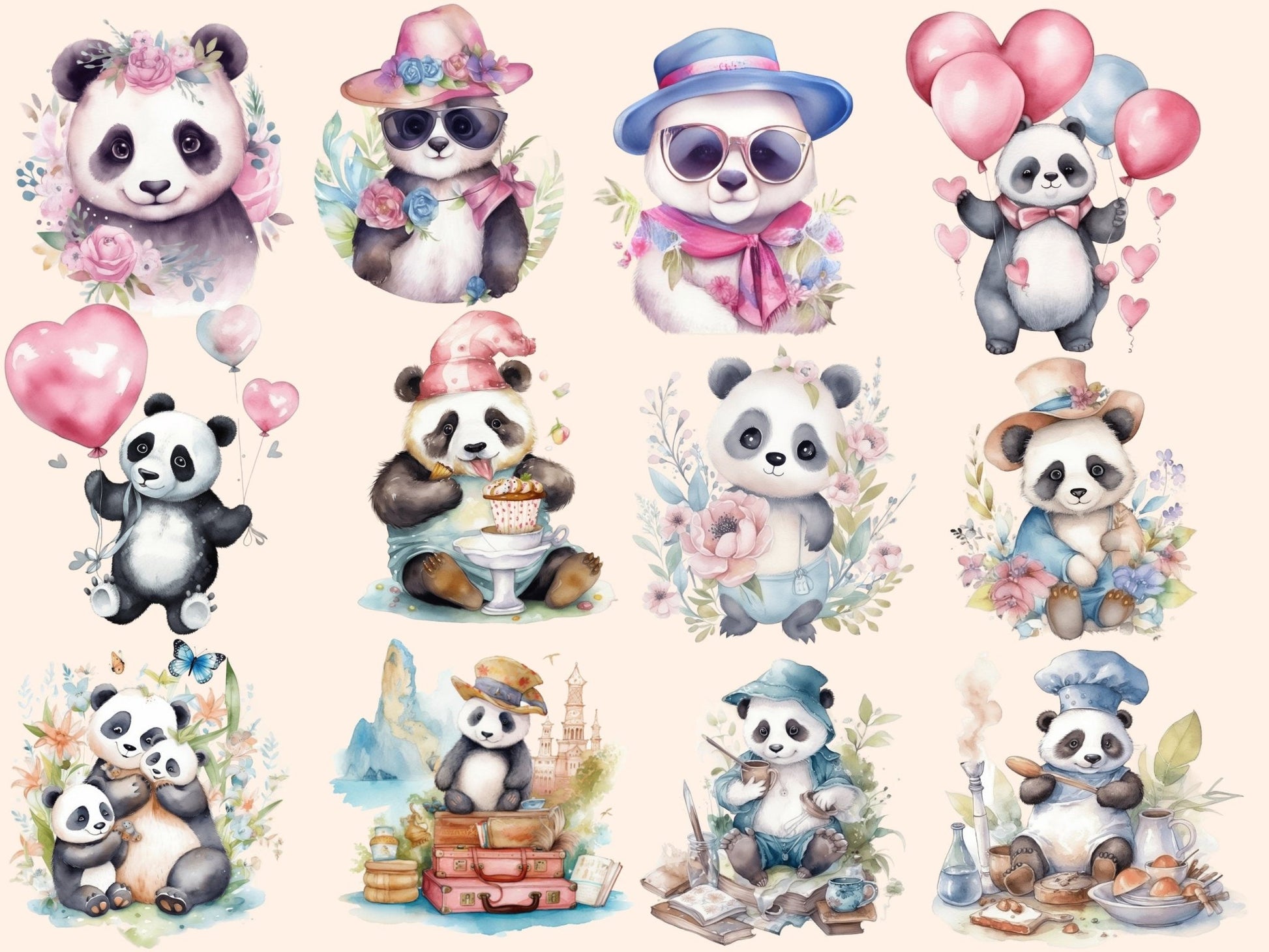 Panda Cuties Watercolor Clipart - High - Quality Instant Digital Download for Creative Projects