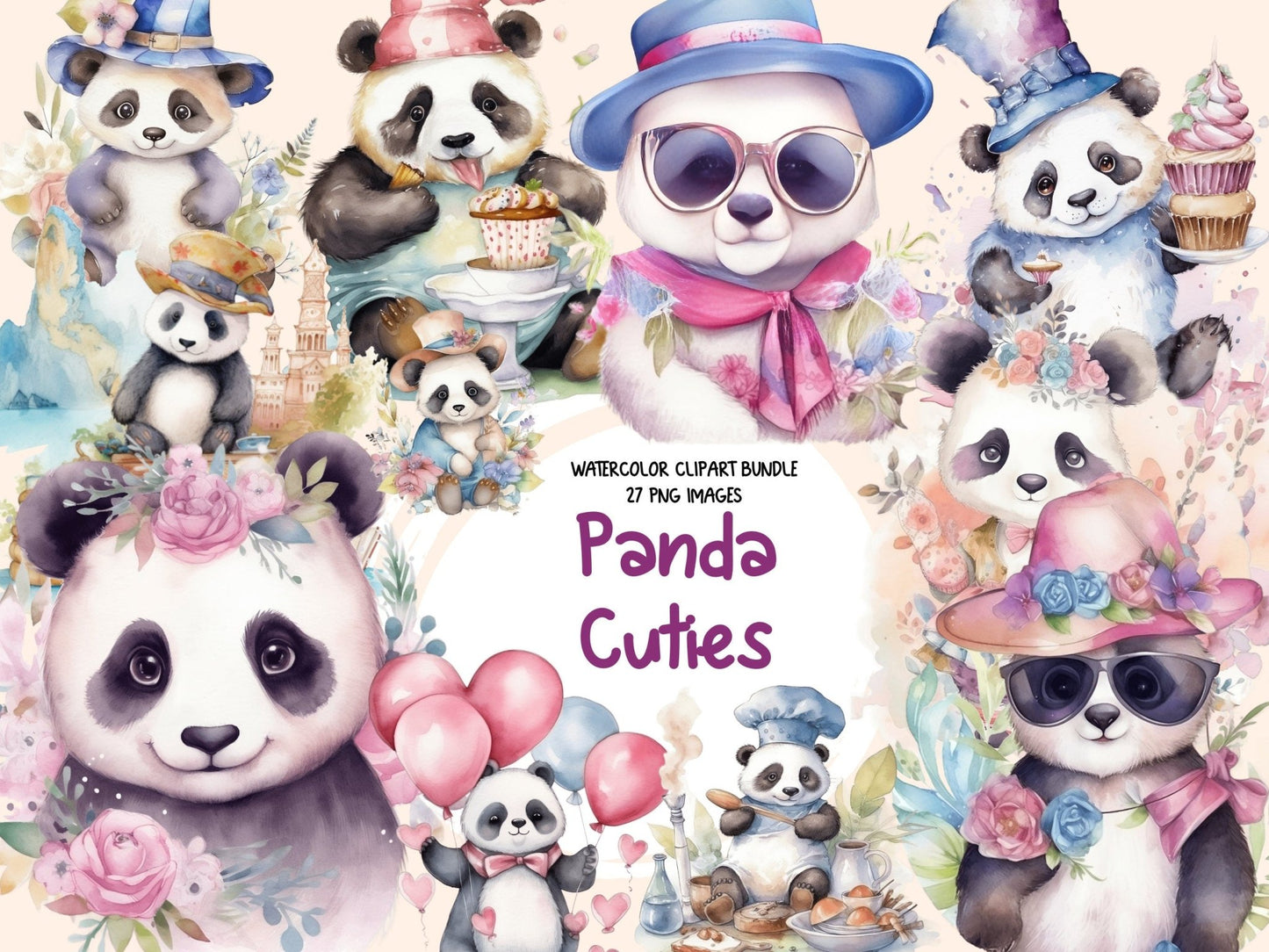 Panda Cuties Watercolor Clipart - High - Quality Instant Digital Download for Creative Projects