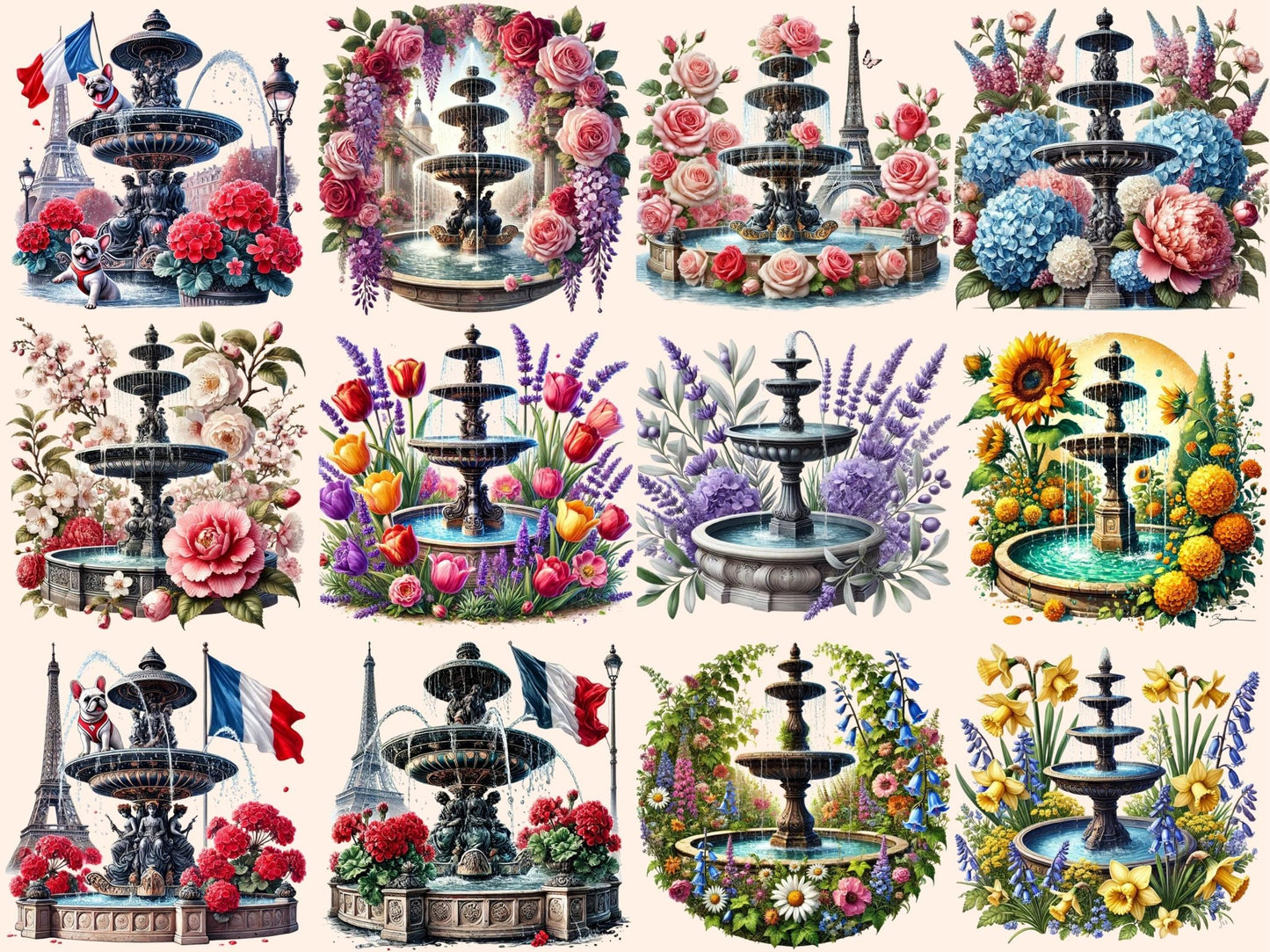 Parisian Fountains Clipart - High - Quality Instant Digital Download for Creative Projects