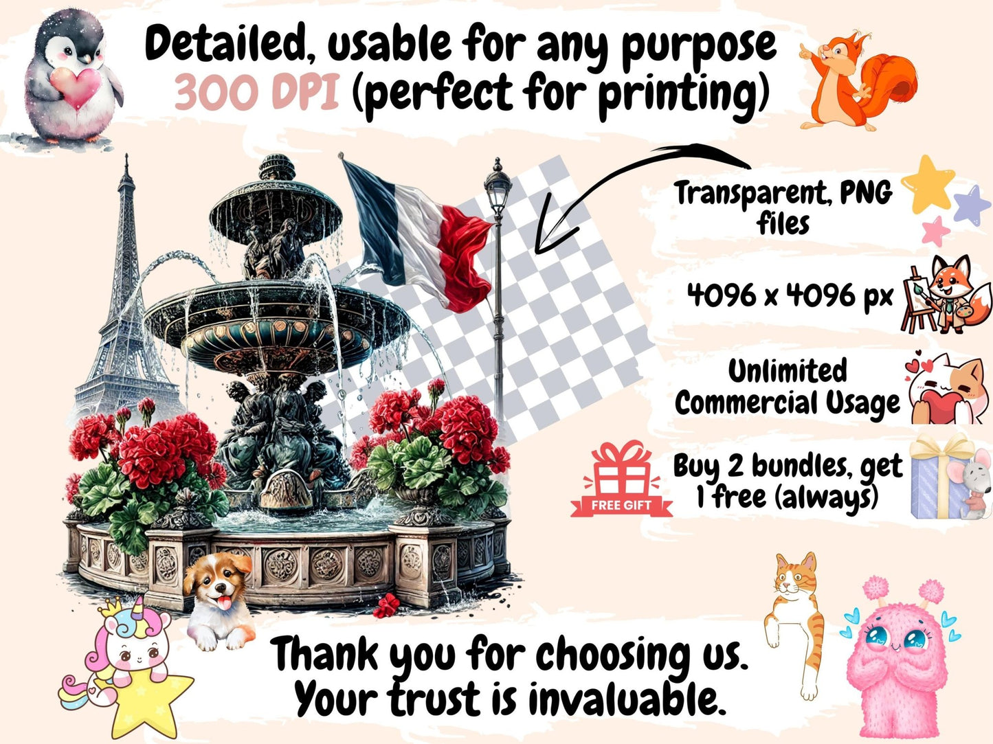 Parisian Fountains Clipart - High - Quality Instant Digital Download for Creative Projects