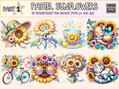 Pastel Sunflowers Clipart boho sunflower art cute sunflower png floral clipart - WondersArtist