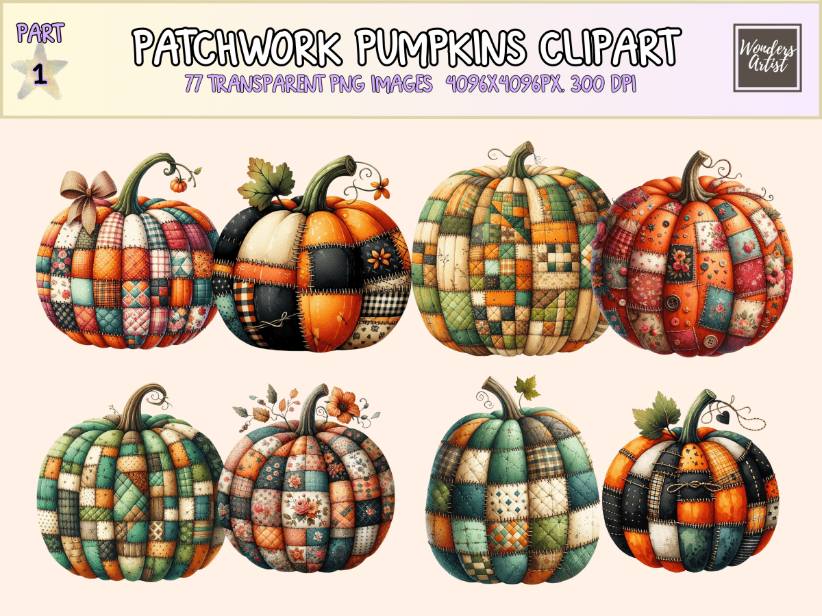 Patchwork Pumpkins Clipart All Bundles Clipart Line Art - WondersArtist