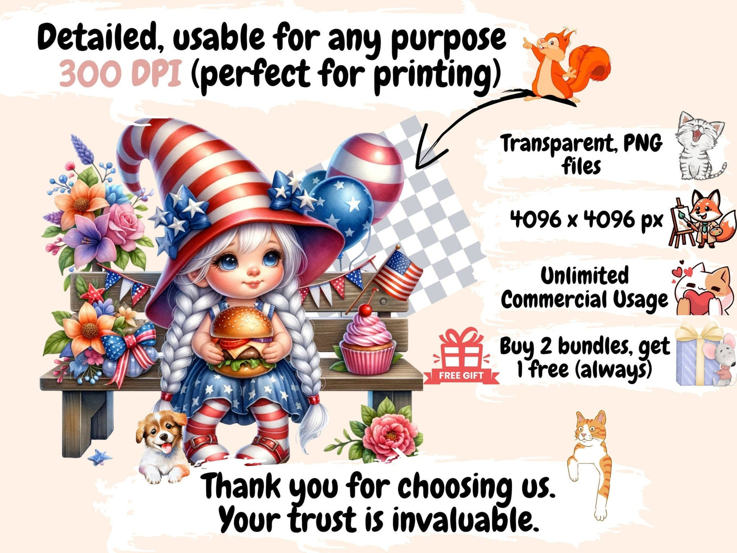 Patriotic Girl Gnomes Clipart - High - Quality Instant Digital Download for Creative Projects