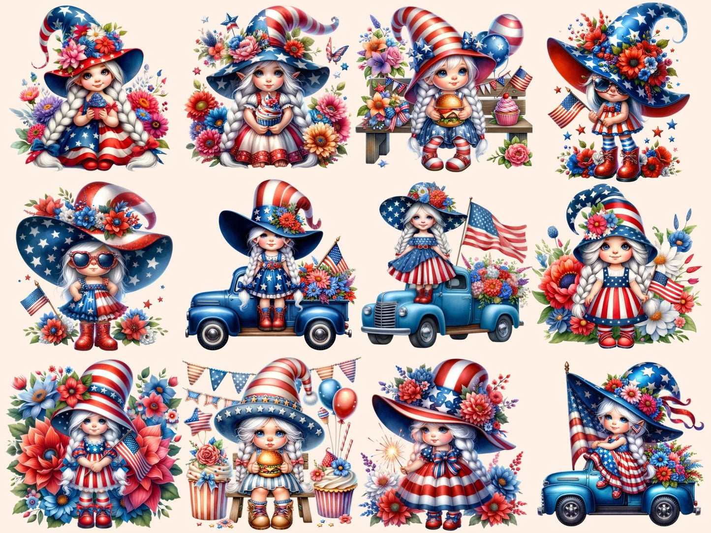 Patriotic Girl Gnomes Clipart - High - Quality Instant Digital Download for Creative Projects