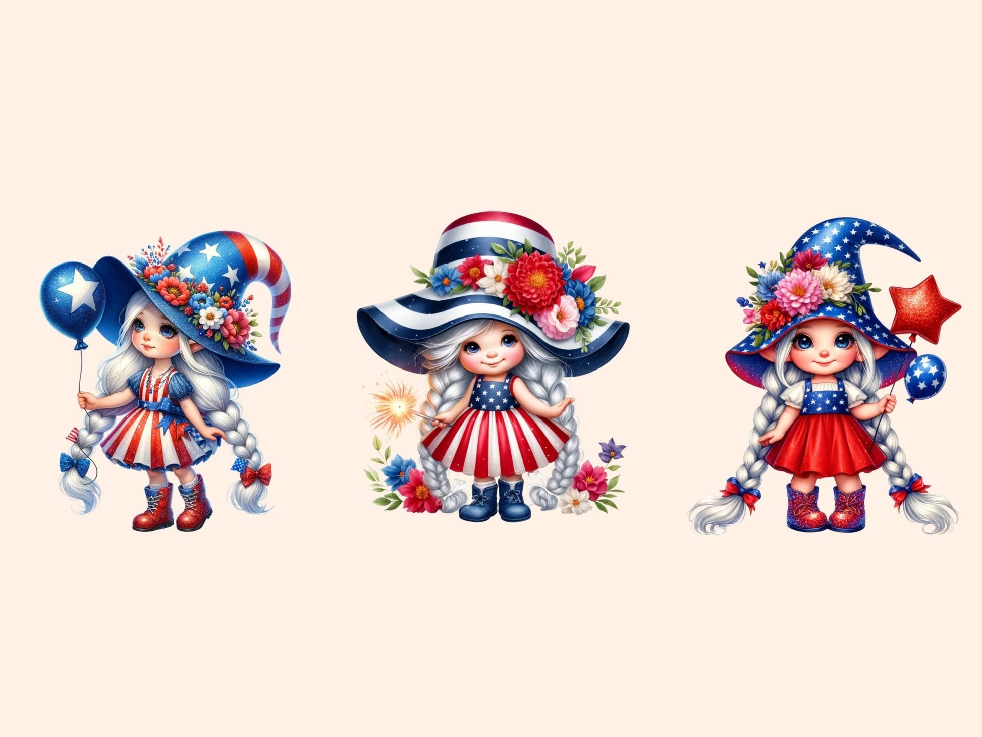 Patriotic Girl Gnomes Clipart - High - Quality Instant Digital Download for Creative Projects