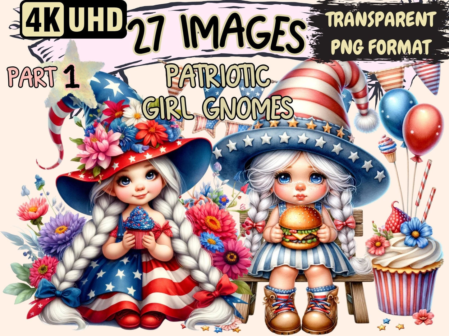 Patriotic Girl Gnomes Clipart - High - Quality Instant Digital Download for Creative Projects