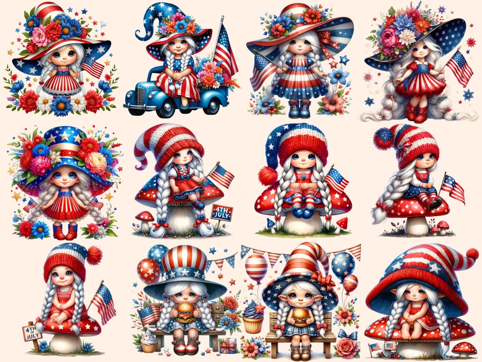 Patriotic Girl Gnomes Clipart - High - Quality Instant Digital Download for Creative Projects