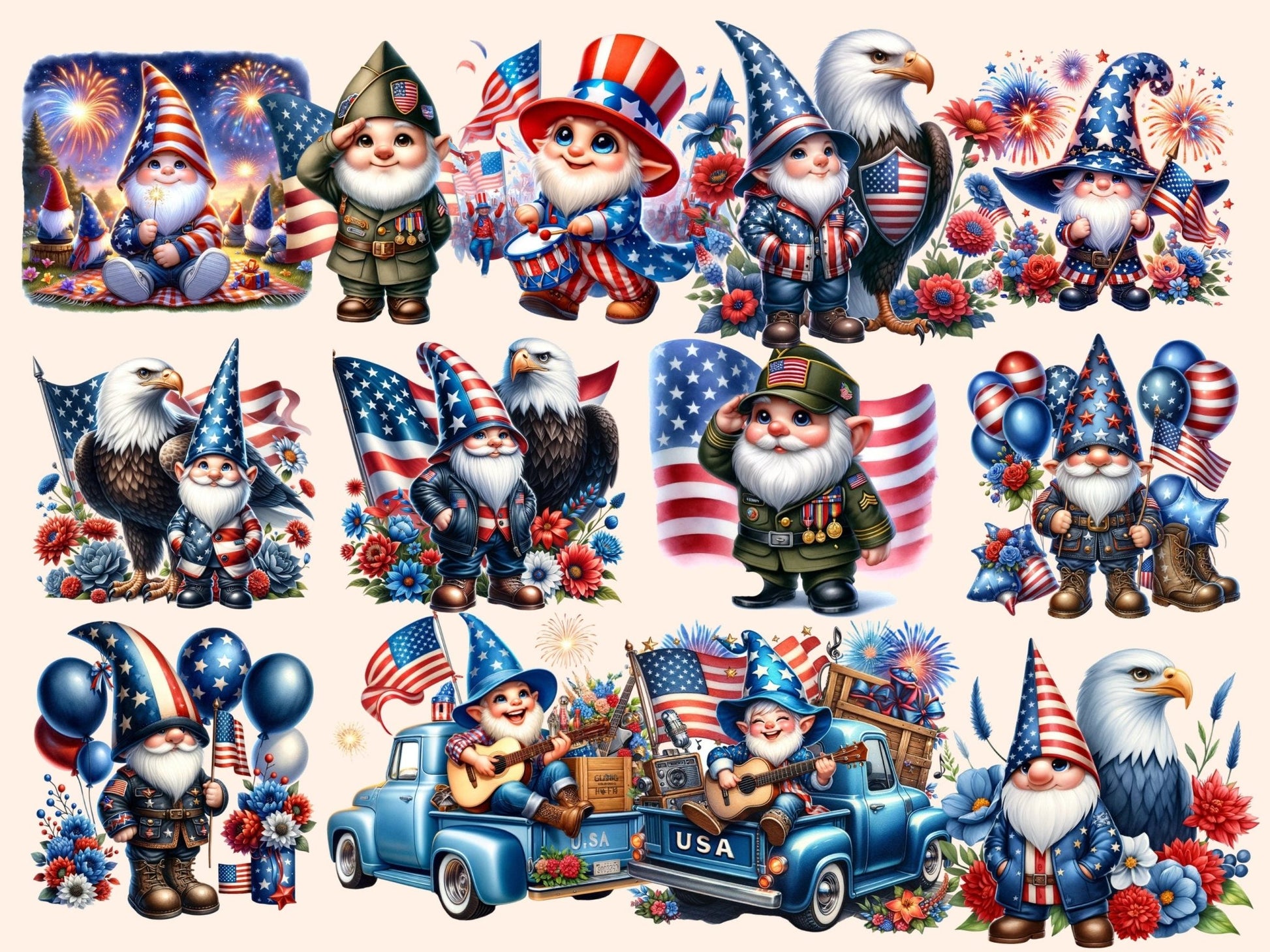 Patriotic Gnomes Clipart - High - Quality Instant Digital Download for Creative Projects