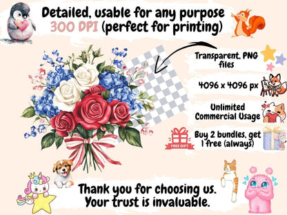 Patriotic Roses Watercolor Clipart 4th of july flowers - Wonders Artist