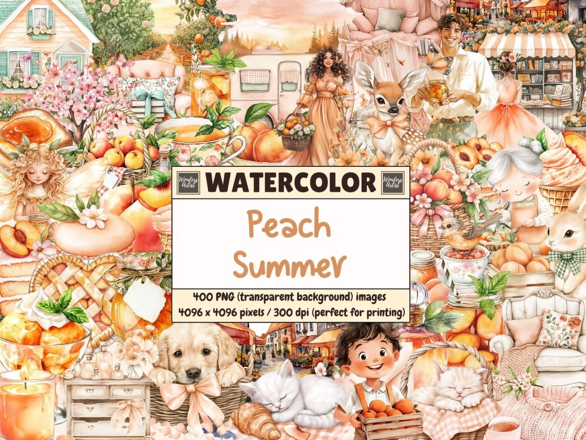 Peach Summer Watercolor Clipart botanical peach png fruity clipart juicy peach clipart - WondersArtist